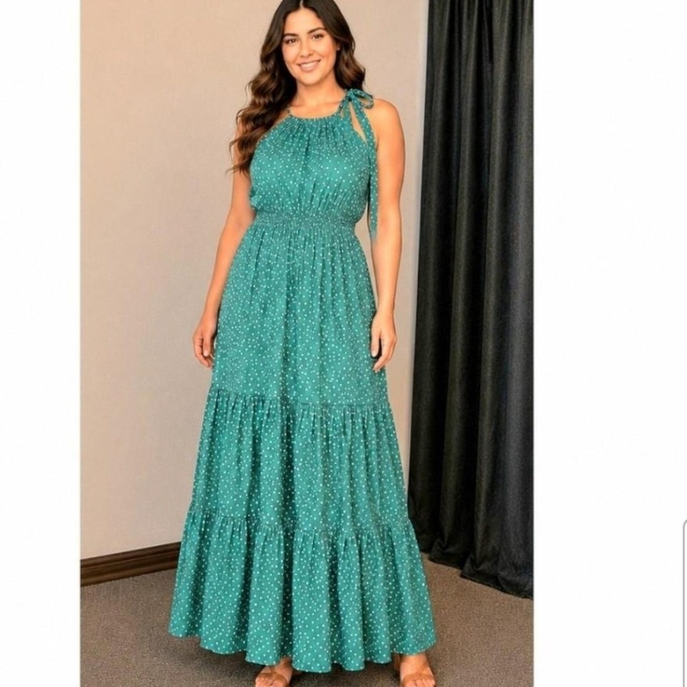 PRETTYGARDEN Sage Green Polka Dot Halter Neck Tiered Maxi Dress Large